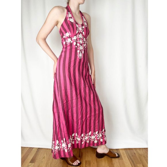 Vintage 70's Embroidered Maxi Striped Sleeveless Handmade Boho Halter Dress XS/S - Picture 2 of 8